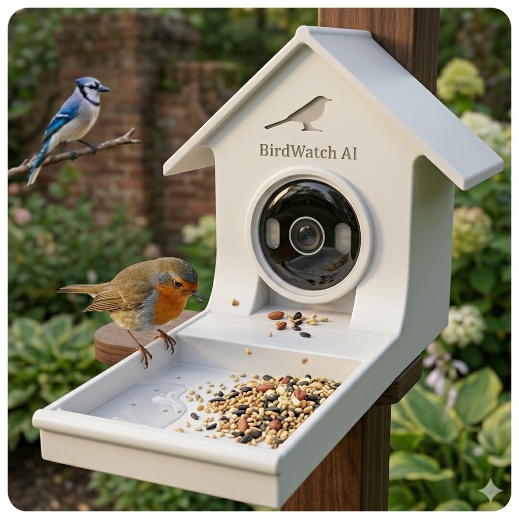 The Full Nest - Outdoor: BirdWatch AI bird feeder with integrated camera mounted on a wooden post, with a robin perched on the feeder tray and a blue jay nearby.