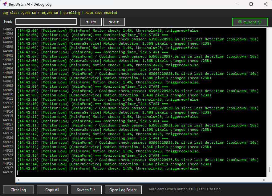 Debug Log diagnostics window with motion detection details