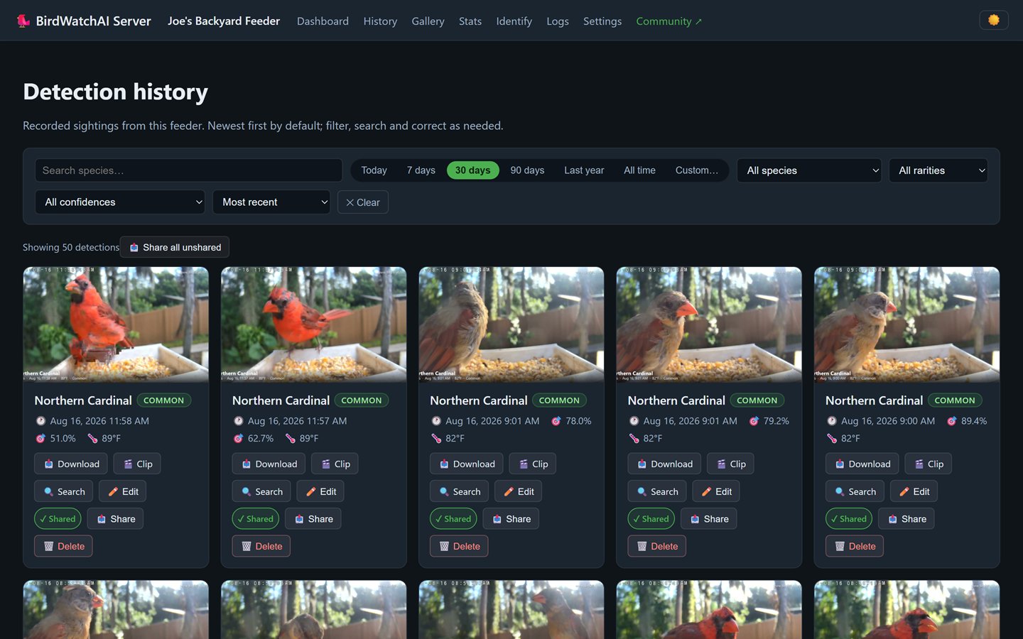 The Detection history page: a filterable grid of recorded sightings, each card showing the captured photo, species, rarity, timestamp, confidence and temperature, with buttons to download, clip, search, correct or share the sighting.